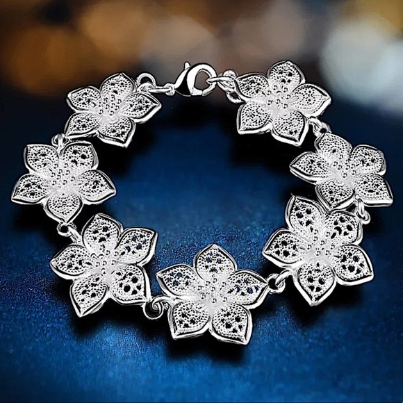 Boho Sterling Silver 925 Flower Chain Bracelet - Picture 1 of 10